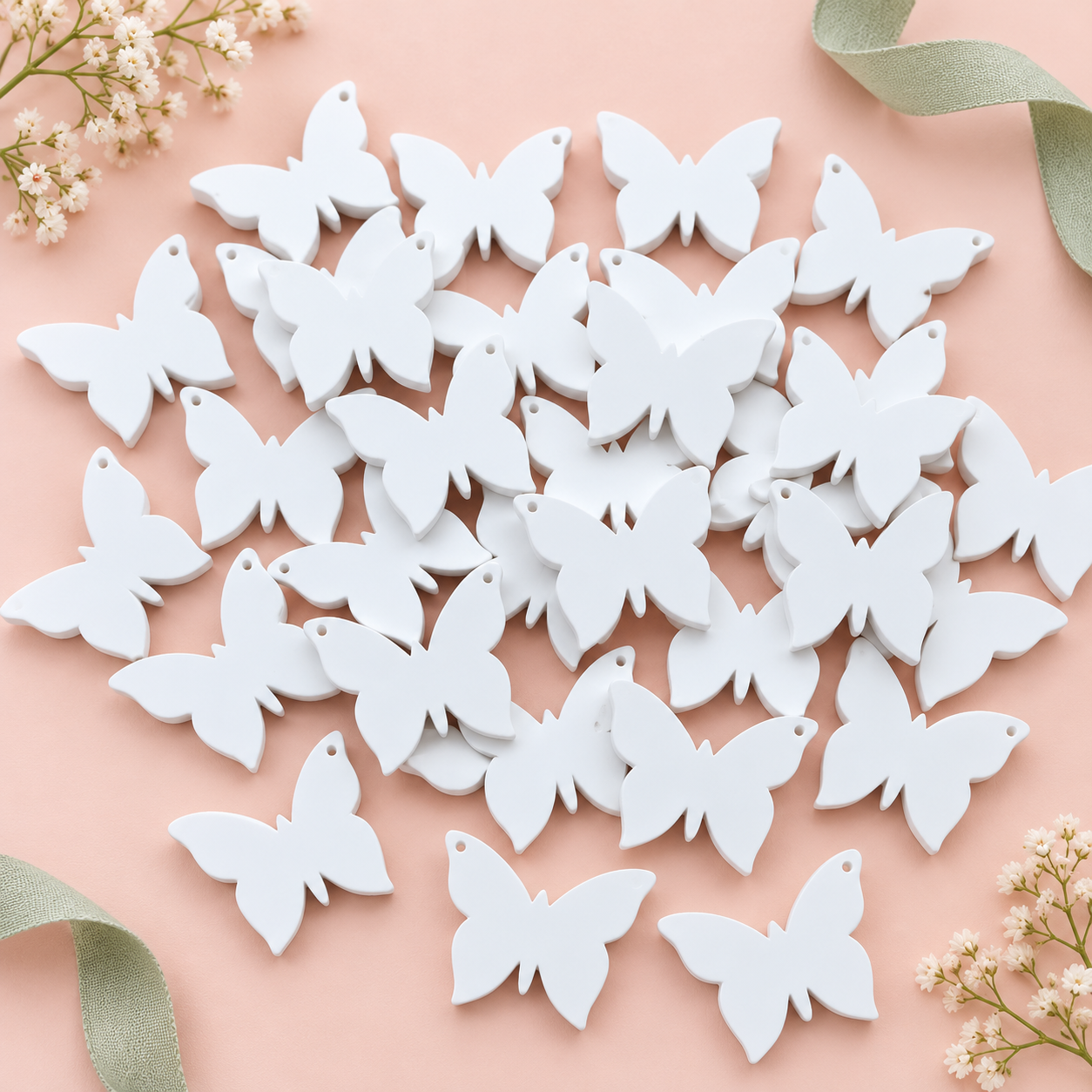 Witte vlinders met ophanggaatje op een pastelroze achtergrond.