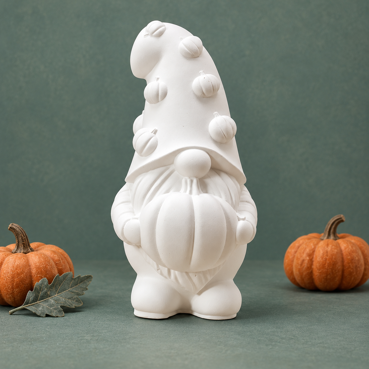 Wit gnomebeeldje met pompoen in de handen en pompoentjes op de hoed