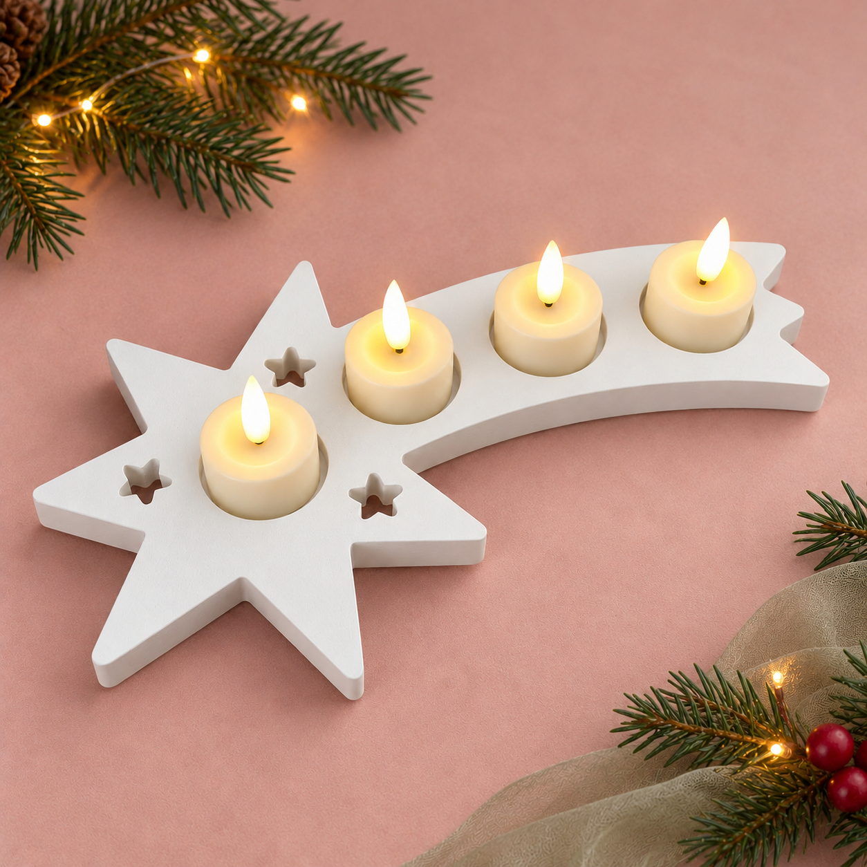 Witte adventster met vier theelichten, dennentakjes en warme kerstlichtjes op een pastelroze achtergrond.