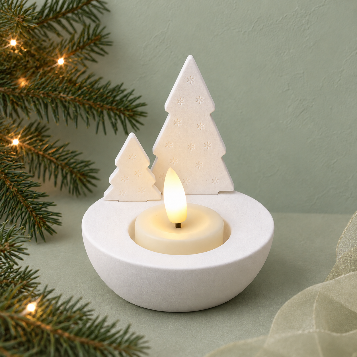 Kerstboom-theelichthouder, met dennentakjes en warme kerstlichtjes op een pastelachtergrond.